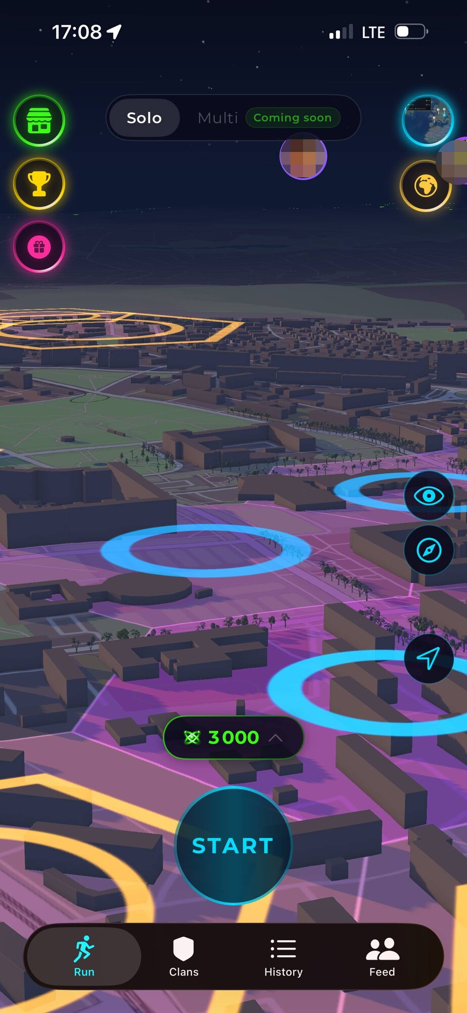 RunOrJog: der Startbildschirm über einer Stadt in 3D, mit Solo und Multi, ENDO-Kontostand und Startknopf