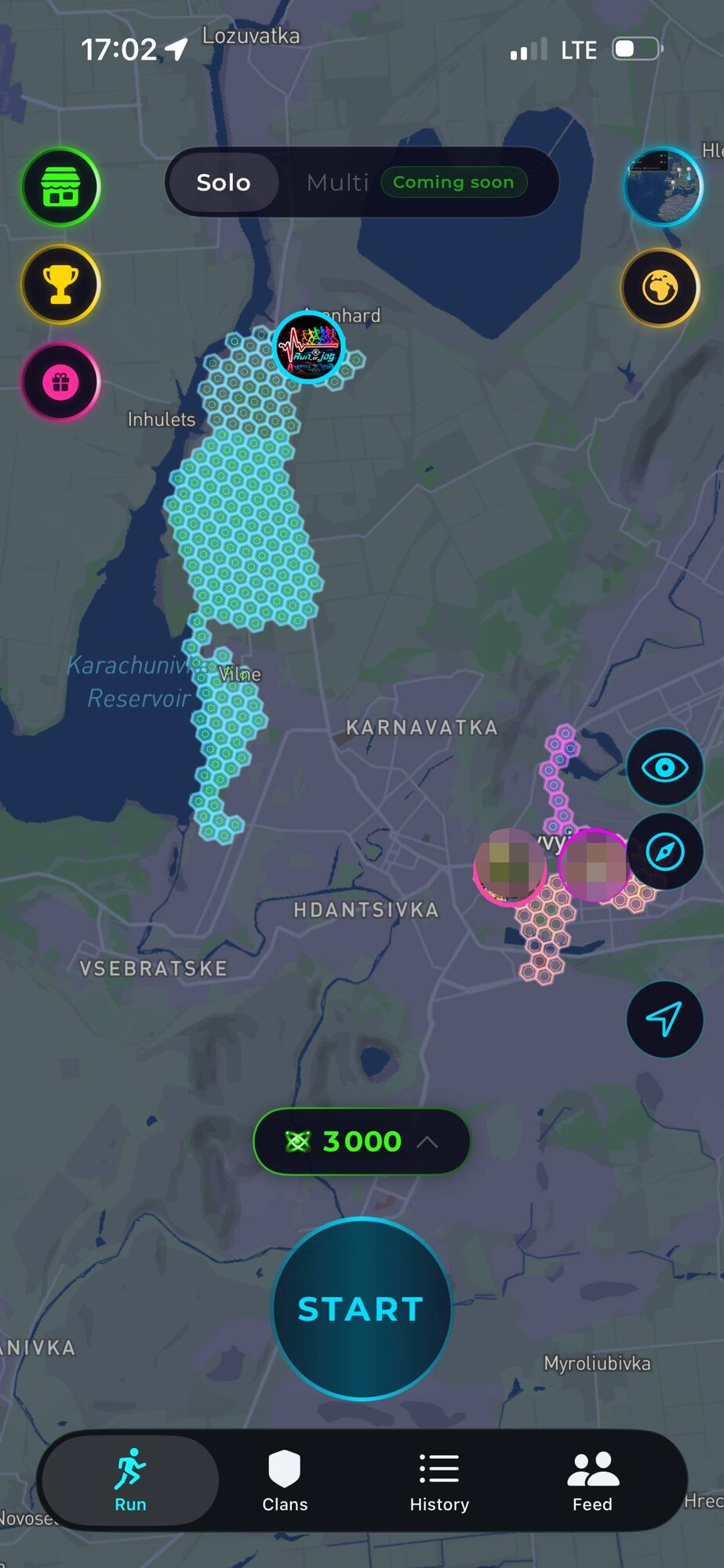 RunOrJog: eingenommenes Gebiet auf dem Sechseckraster der Karte